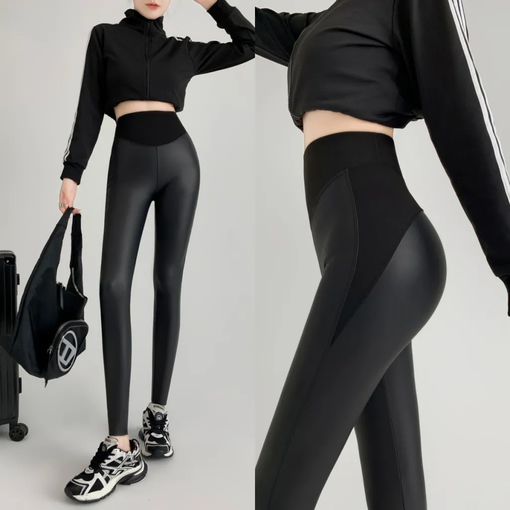New Autumn And Winter Stretch Tight Leather Pants Pu Matte Thin Velvet Weight Loss Pants Leggings - Black