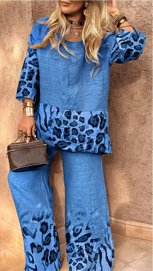 Women's Casual Cool Cotton And Linen Leopard Print Printed Two piece Suit Blue - Shop at LoveMi