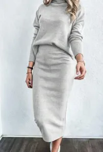 Womens Fashionable Casual V Neck Patchwork Solid Color Two Piece Set Dress Gray - Shop at LoveMi