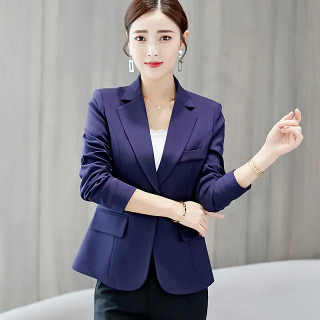 Korean Suit Slim Solid Color Long Sleeve Slimming Women's Coat Blue - Shop at LoveMi