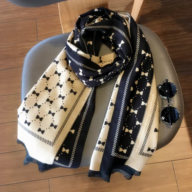 Bow Double sided Scarf Artificial Cashmere Oversize Shawl Outer Wear Black Rice Yellow - Shop at LoveMi