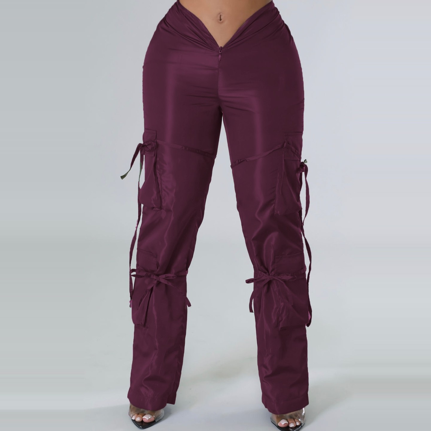 Women's Zipper Closure Strap Solid Color Green Casual Trousers Wine - Shop at LoveMi