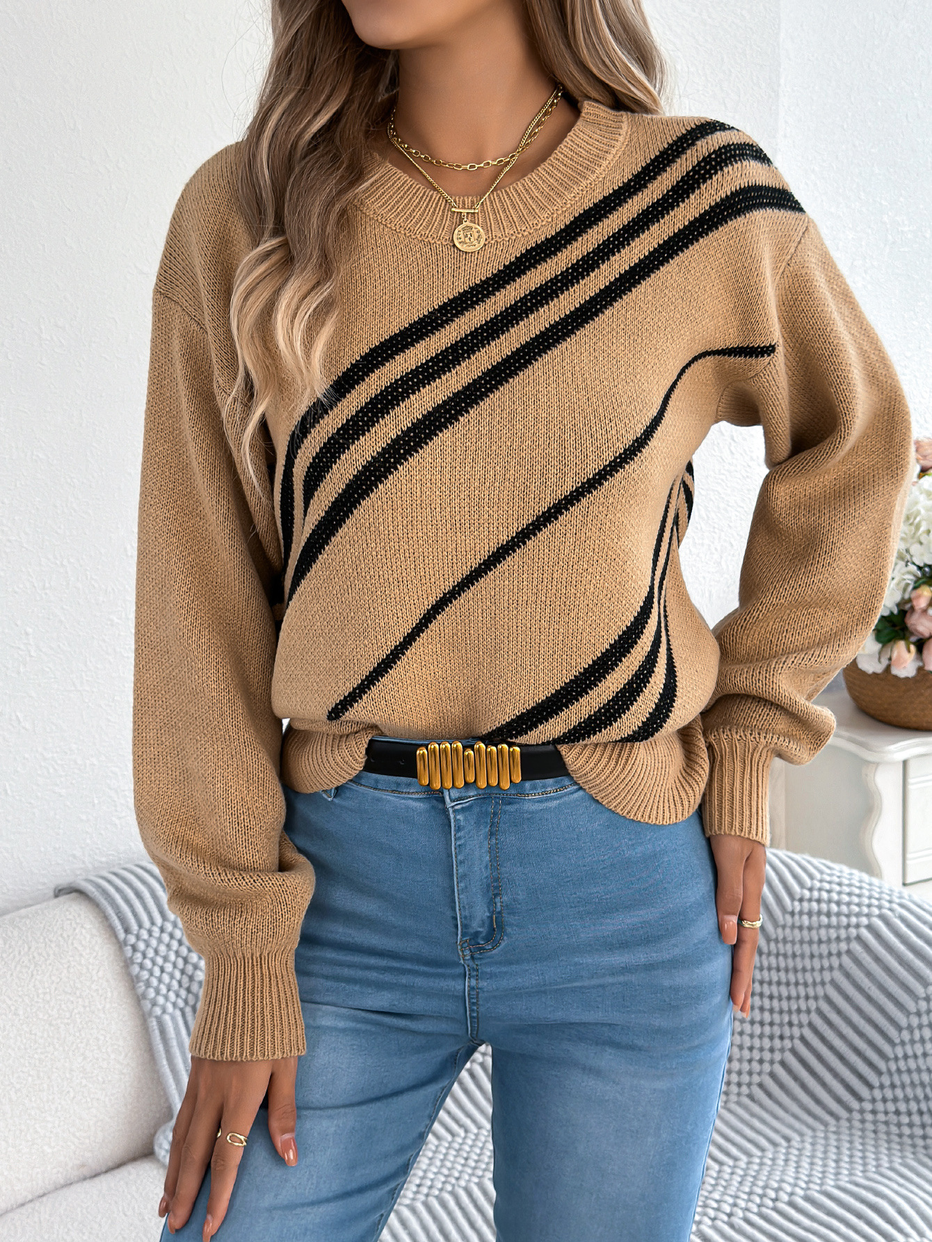 Women's Casual Striped Round Neck Lantern Long Sleeve Pullover Sweater