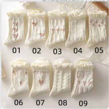 White Lace trimmed Mid calf Thin And Cute Japanese style School Stockings Style3 - Shop at LoveMi