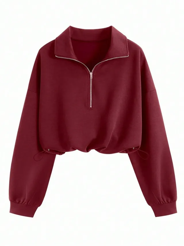 Lapel collar Waist cinching Long sleeve Hoodie Jacket Wine - Shop at LoveMi