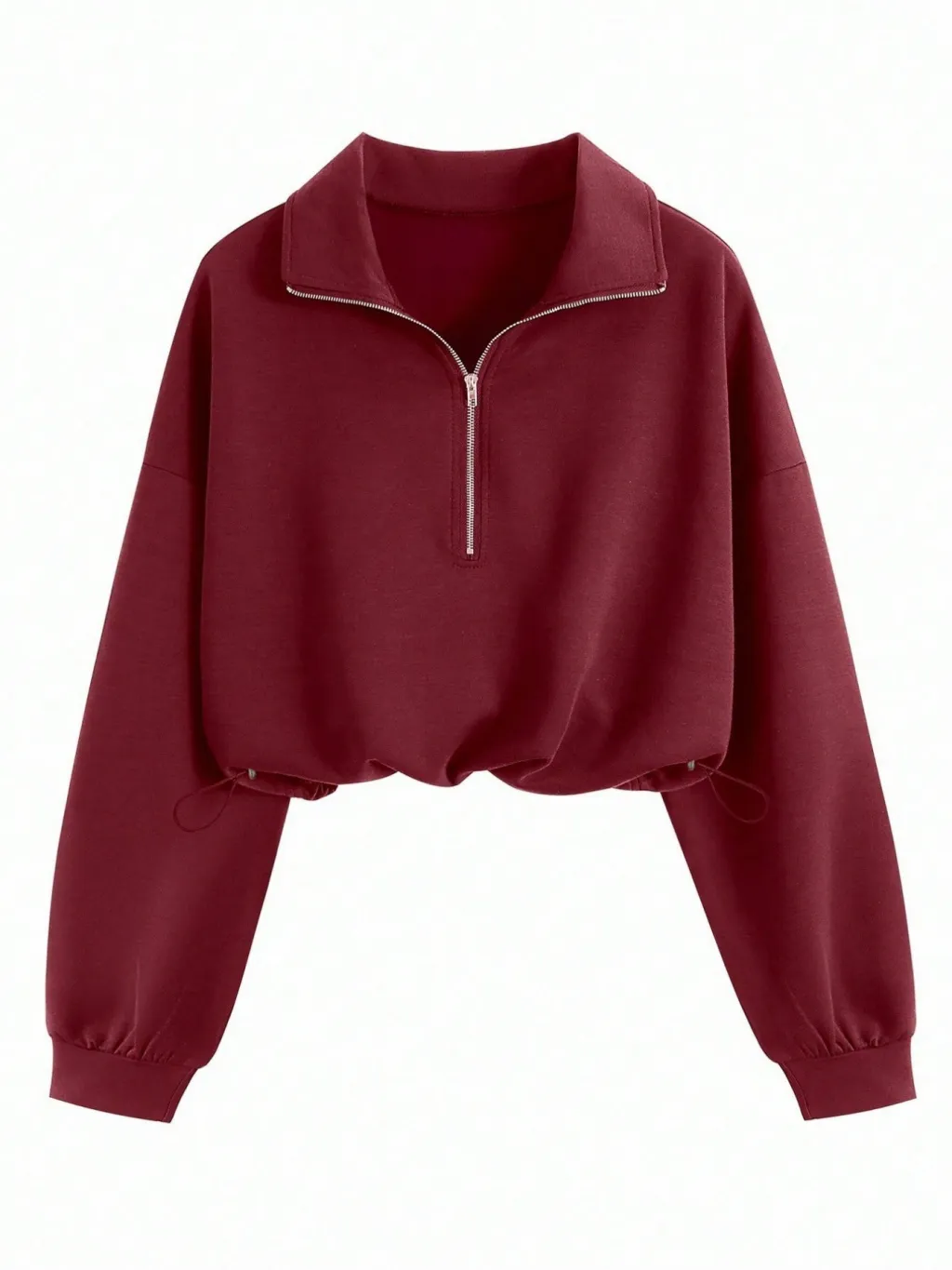 Lapel-collar Waist-cinching Long-sleeve Hoodie Jacket - Wine