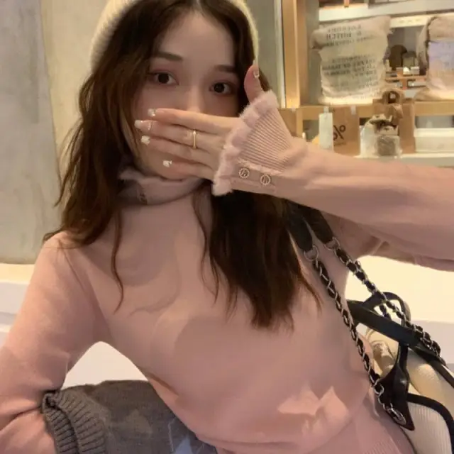 Half Turtleneck Sweater Mink Fur One piece Top Pink Thickened - Shop at LoveMi