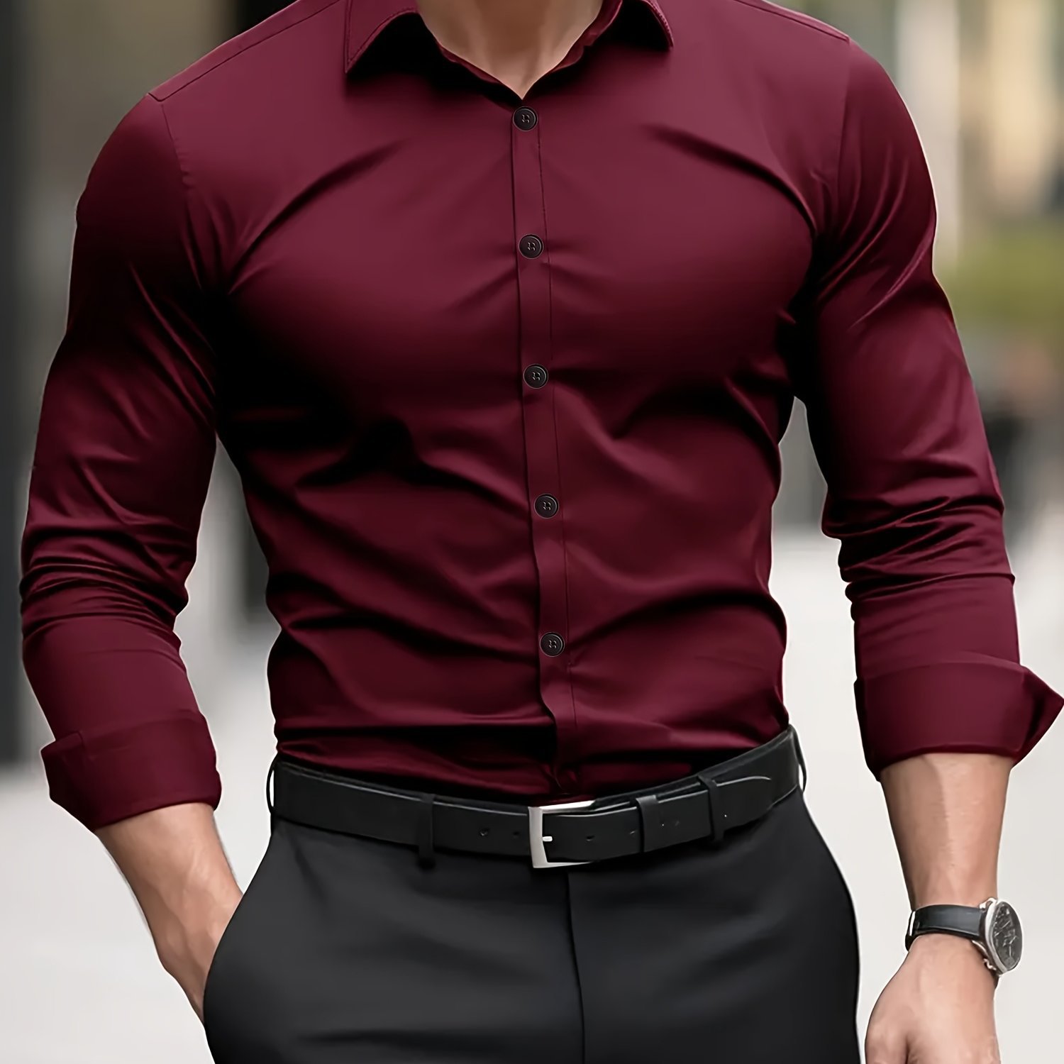 Polyester Semi-Sheer Dress Shirt Dark Gray Semi-Sheer