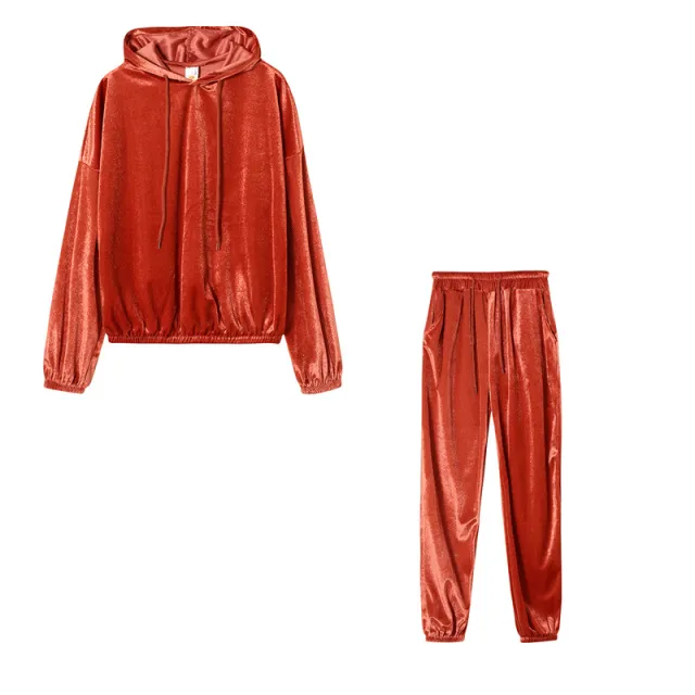 Solid Color Gold Velvet Hooded Long Sleeve Casual Suit Embroidered Red - Shop at LoveMi