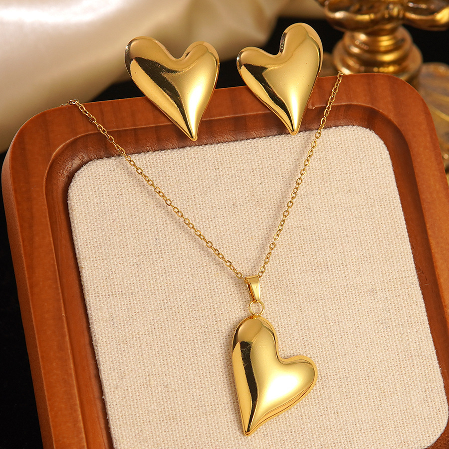 Stainless Steel Heart Bow Flower Necklace And Earrings Set