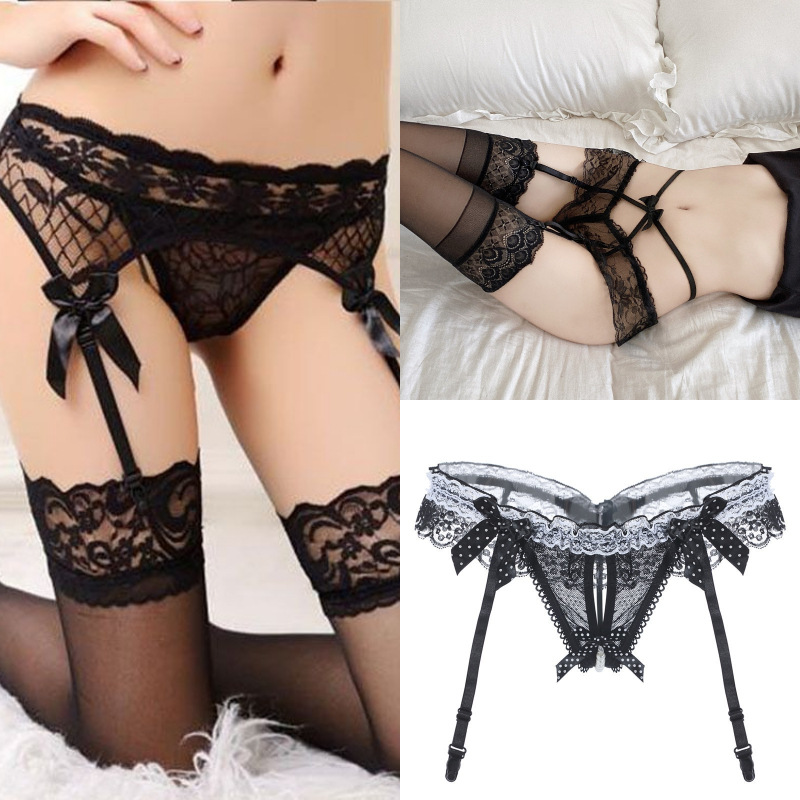 Waist-tied Lace Open-crotch Garter Set With Pearl Panties