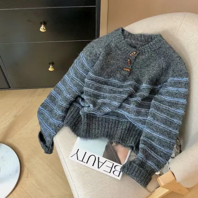 Women's Horn Button Striped Loose Preppy Style Sweater Dark Gray - Shop at LoveMi