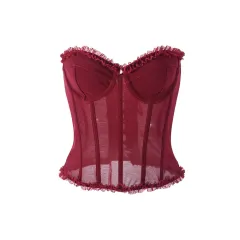 Sexy Sheer Bustier With Backless Design And Corset Boning - Wine Red - View 1