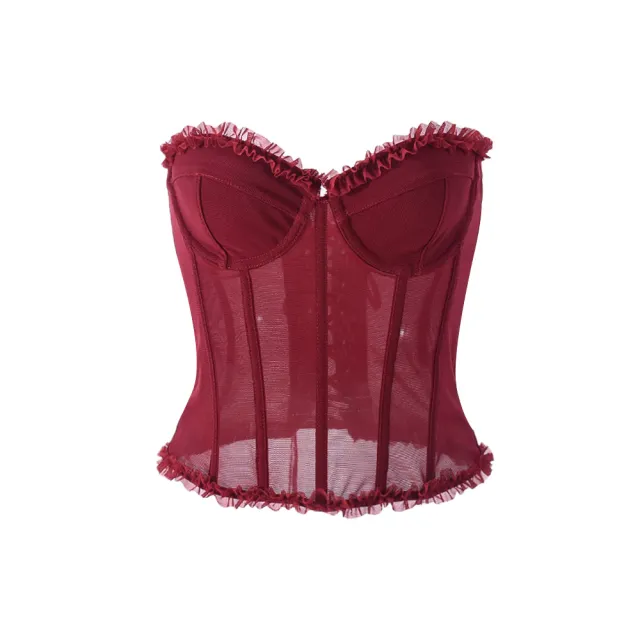 Sexy Sheer Bustier With Backless Design And Corset Boning Wine Red - Shop at LoveMi