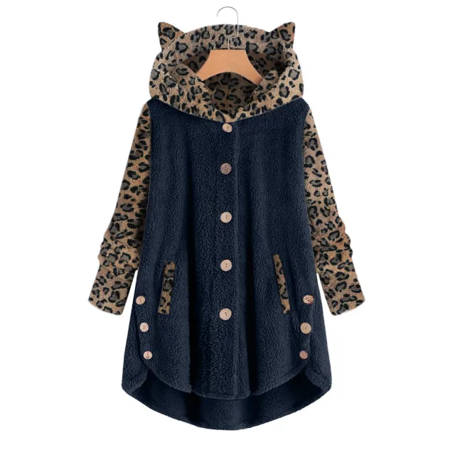 Button Long Sleeve Leopard Splicing Hooded Plush Coat For Women Navy Blue - Shop at LoveMi