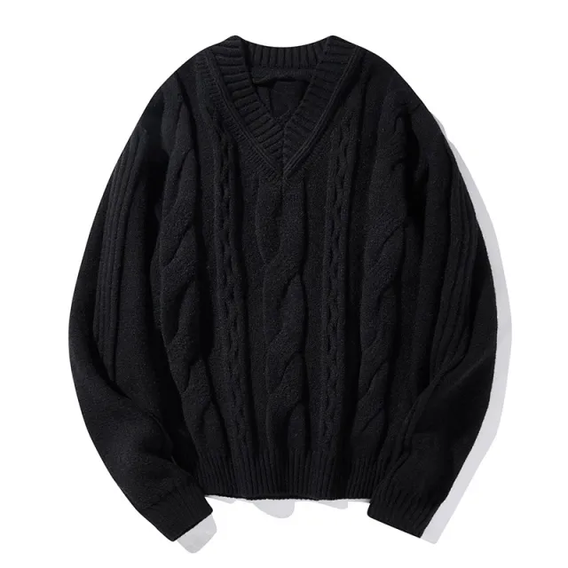Men's Loose All match Casual Twist Round Neck Sweater Black - Shop at LoveMi