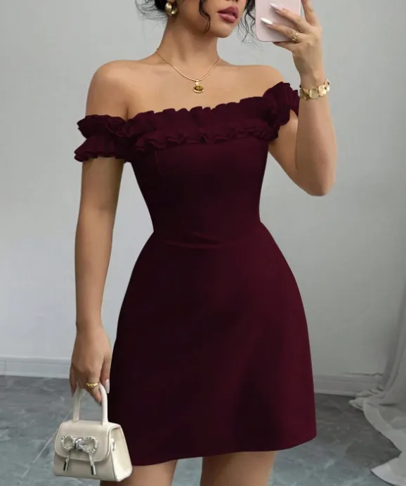 American Retro Sexy Socialite Off neck Temperament Adult Lady Like Woman Design Sense Hip wrapped Short Dress Wine Red - Shop at LoveMi