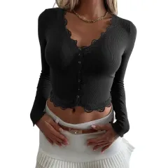 Women's Fashion Lace Ribbed Long Sleeve Shirt - Black - View 1