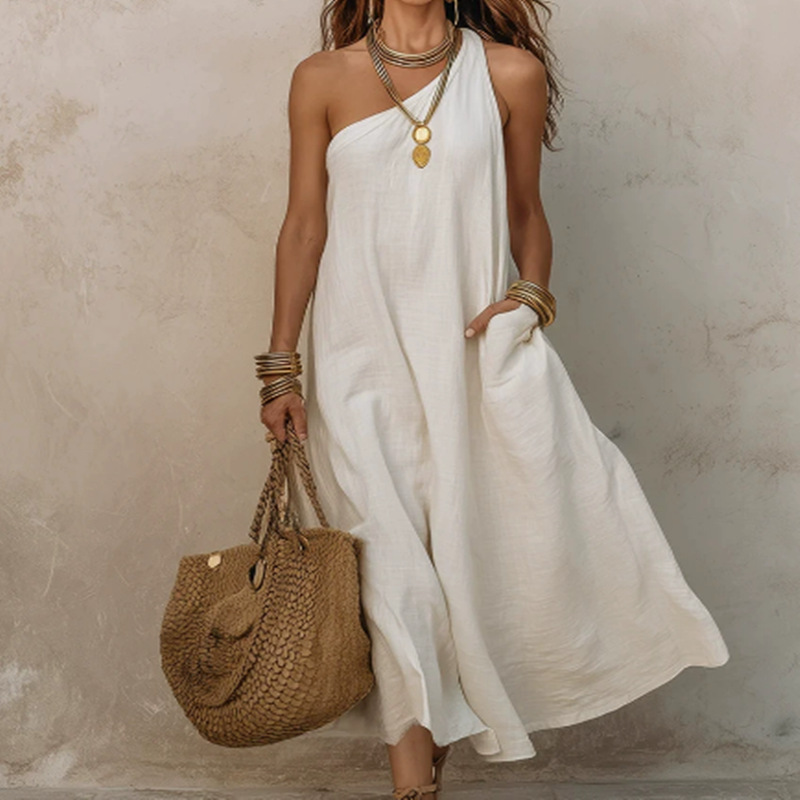 Womens Off-shoulder Solid-color Vintage Sleeveless Resort Dress