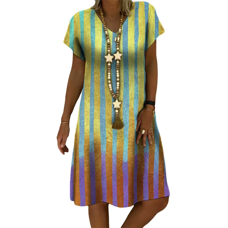 Spring And Summer European And American Women's Clothing Printed V-neck Short Sleeve Mid-length Dress - Green