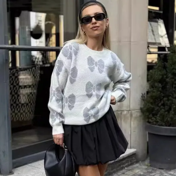 Printed Butterfly Round Neck Loose Knitwear Pullover Sweater Light Gray - Shop at LoveMi