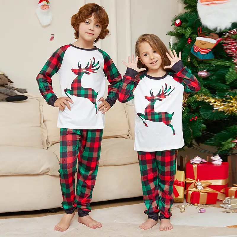 Christmas Parent-child Cartoon Elk Plaid Printed Pajamas