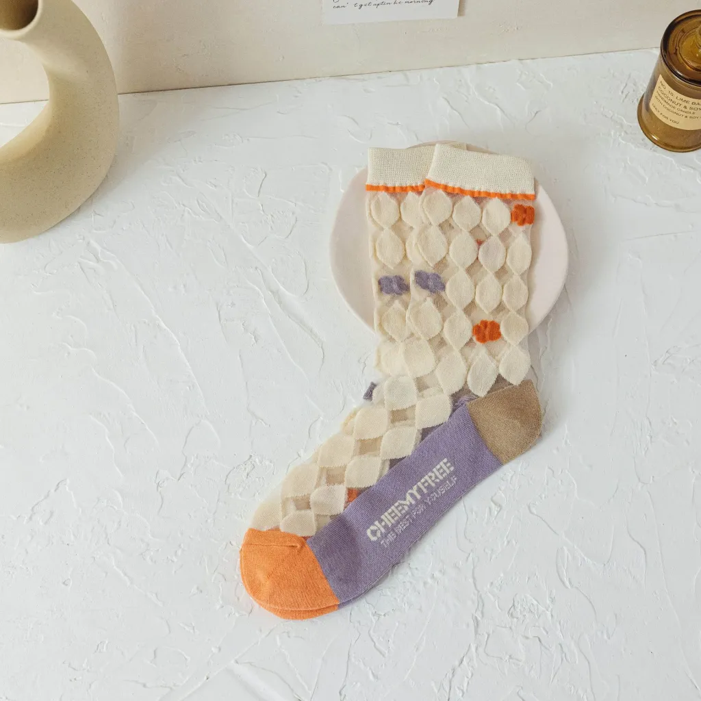 Spring And Summer Thin Cute Kanekalon Diamond Spun Glass Long Socks - Big Vertical Diamond