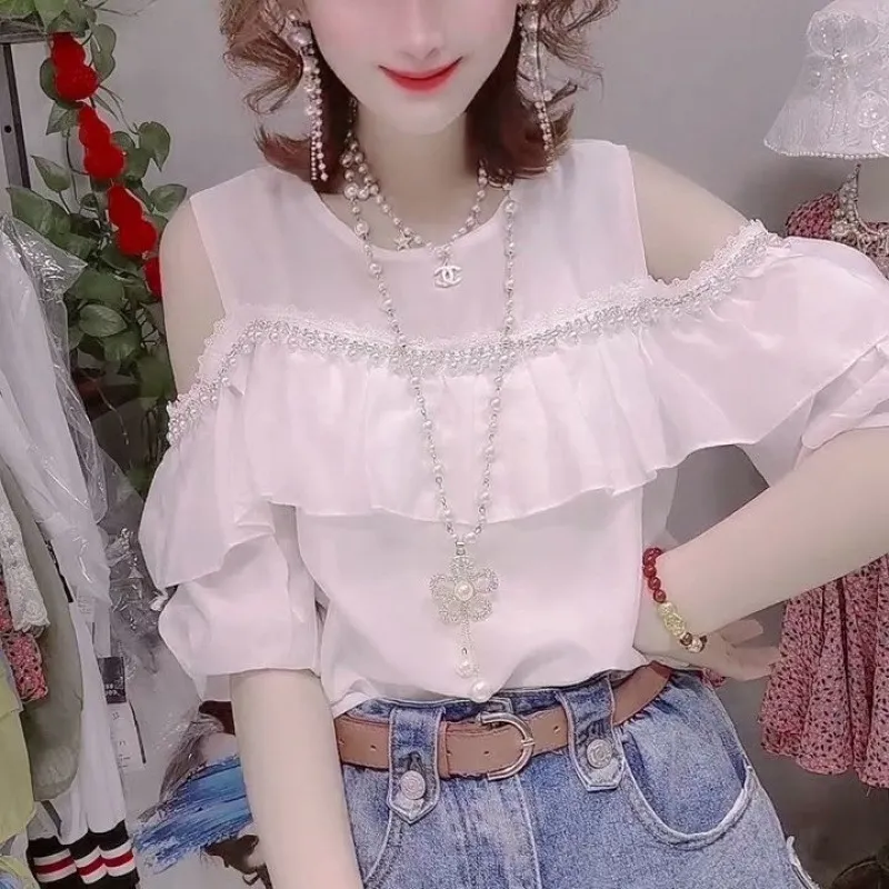 Off-the-shoulder Top Women's Western Style Small Shirt Temperament Half Sleeve - White