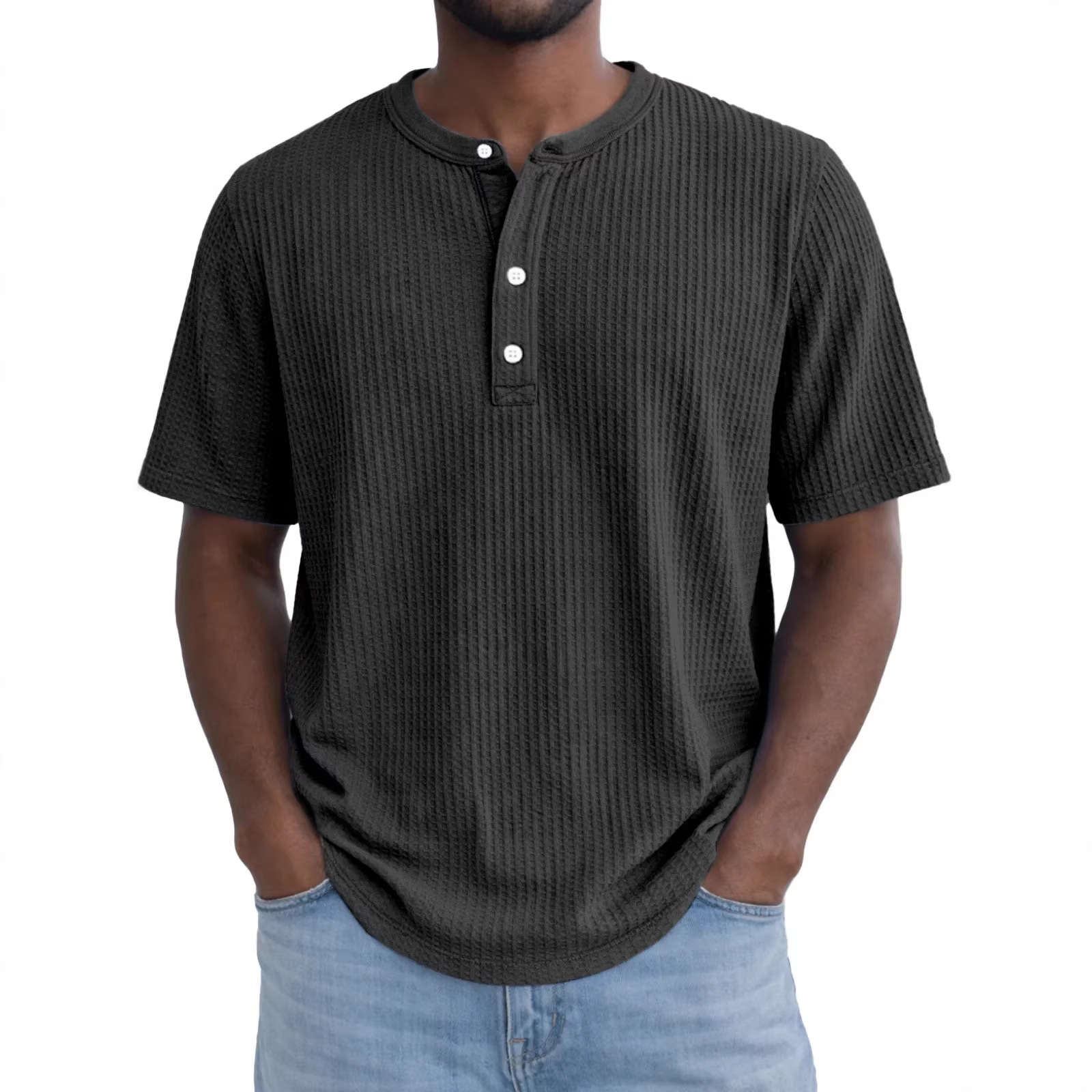 Short-Sleeve Waffle-Weave Henry Collar T-Shirt