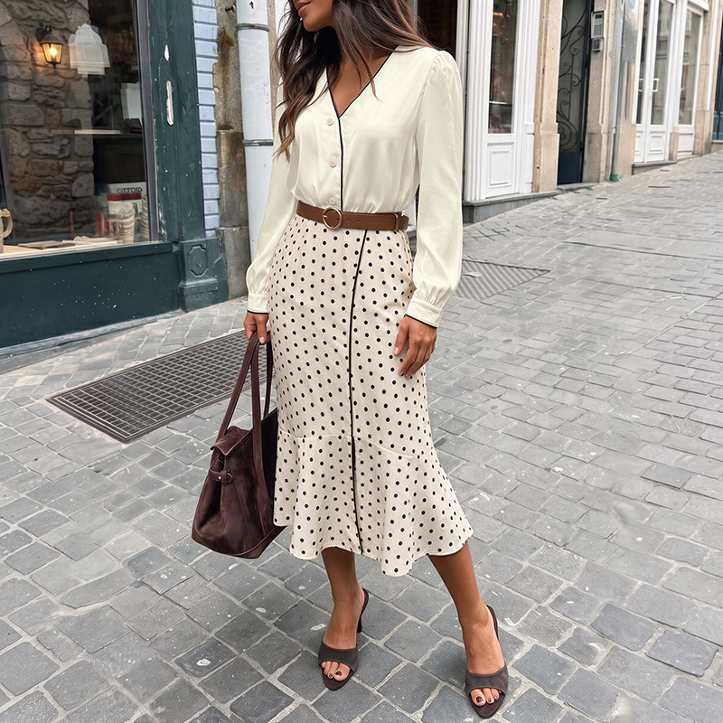 V-neck Satin Top And Polka-dot Skirt Set