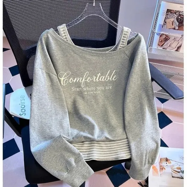 Large Size One shoulder Cold shoulder Striped Stitching False Two piece Sweaters Women's Autumn New Gray - Shop at LoveMi