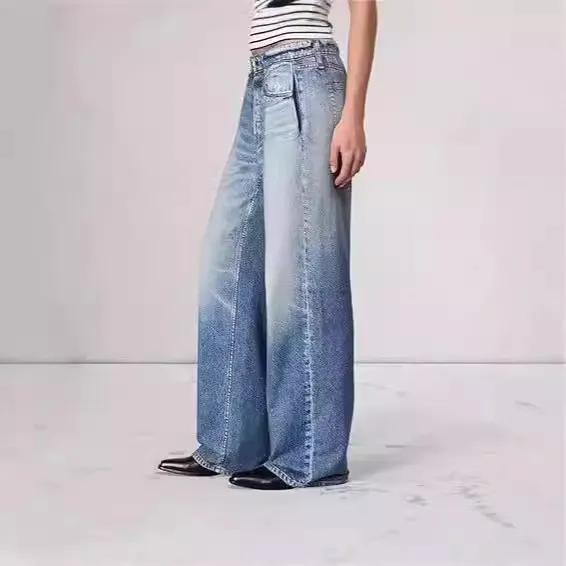 Retro Mid-waist Women's Jeans Loose Wide-leg Plus Size Straight-leg Pants - Light Blue