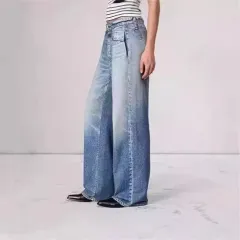 Retro Mid-waist Women's Jeans Loose Wide-leg Plus Size Straight-leg Pants - Light Blue - View 1