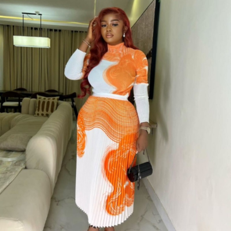 Pleated Fashion Printed Long Sleeve Skirt Two-piece Skirt Suit