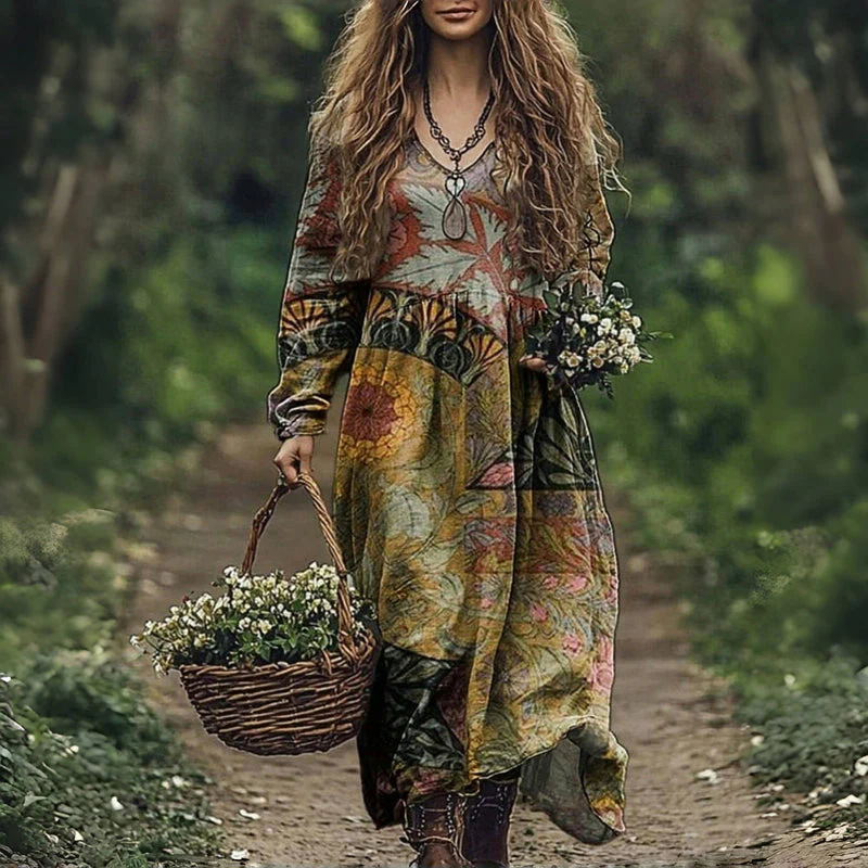 Printed Women's Long Sleeve V-neck Dress