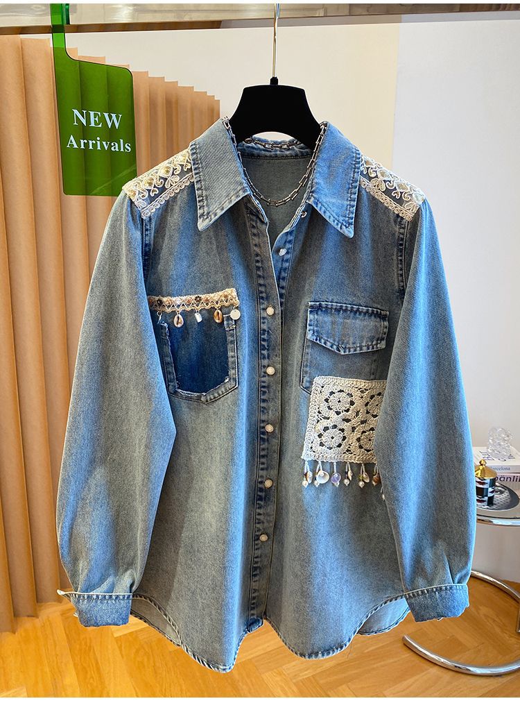 Loose-fit Lace Epaulette Patchwork Shirt Jacket Top Loose-fit Lace Epaulette Patchwork Shirt Jacket Top