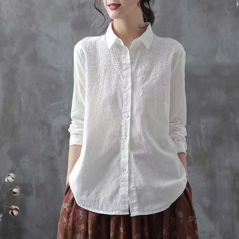 Pure Cotton Embroidered Long Sleeve Loose Casual Polo Collar Shirt White - Shop at LoveMi