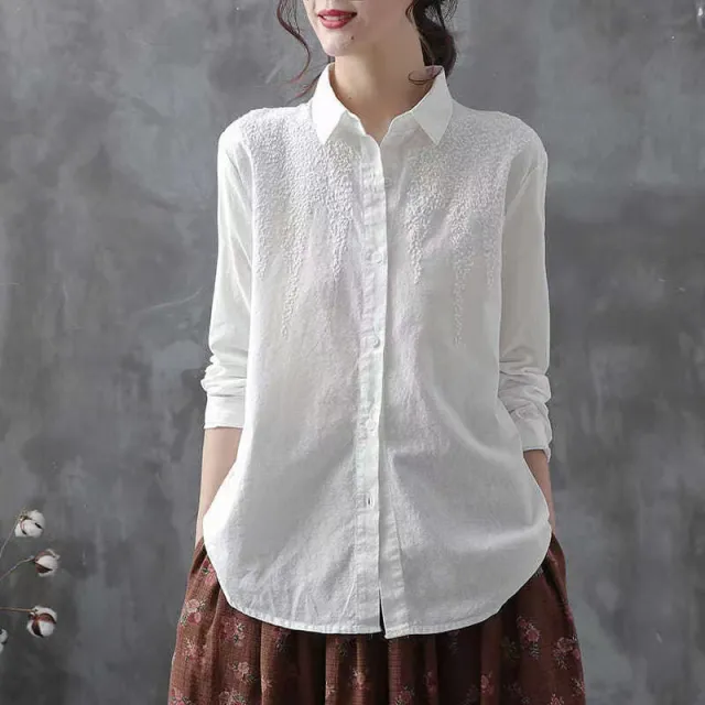 Pure Cotton Embroidered Long Sleeve Loose Casual Polo Collar Shirt White - Shop at LoveMi