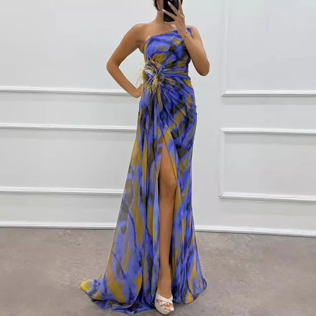 Chiffon Floral Print Slit Dress INS Casual Party Long Women's Clothing Dress Blue - Shop at LoveMi
