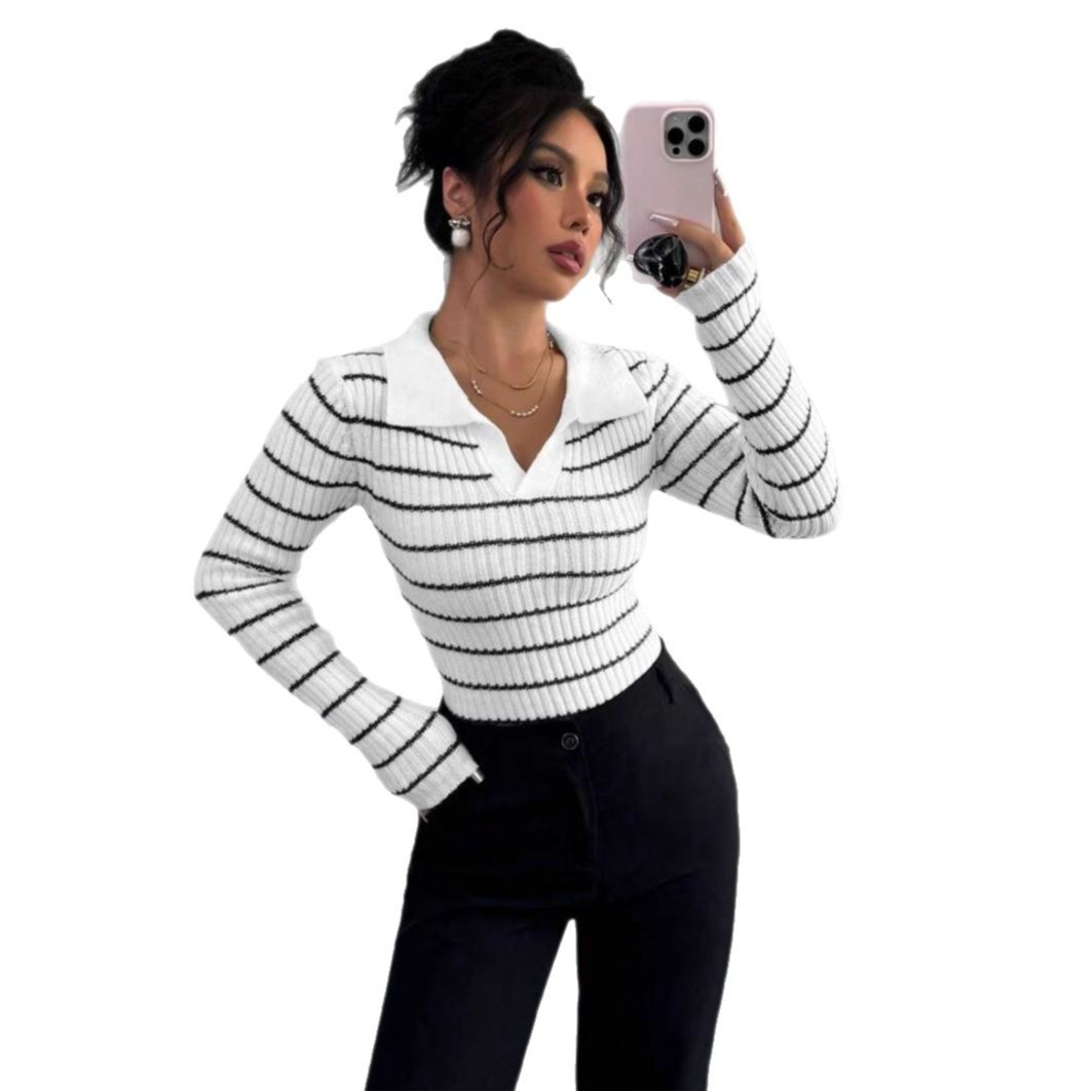 Striped Long Sleeve T-shirt Slim Fit Base Knitting Women - Image 11