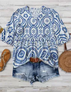 Women's Vintage-print Loose-fit V-neck Short-sleeve Blouse - Blue - View 1