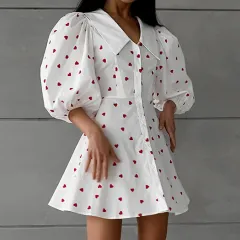Cotton And Linen Puff Sleeve High Waist Heart Printing Dress - Printing - View 1