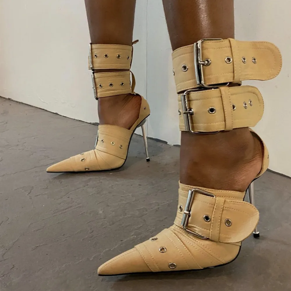 New Closed Toe High Heel Sandals Pointed Toe Big Pin Buckle Sexy Women's Shoes - Apricot