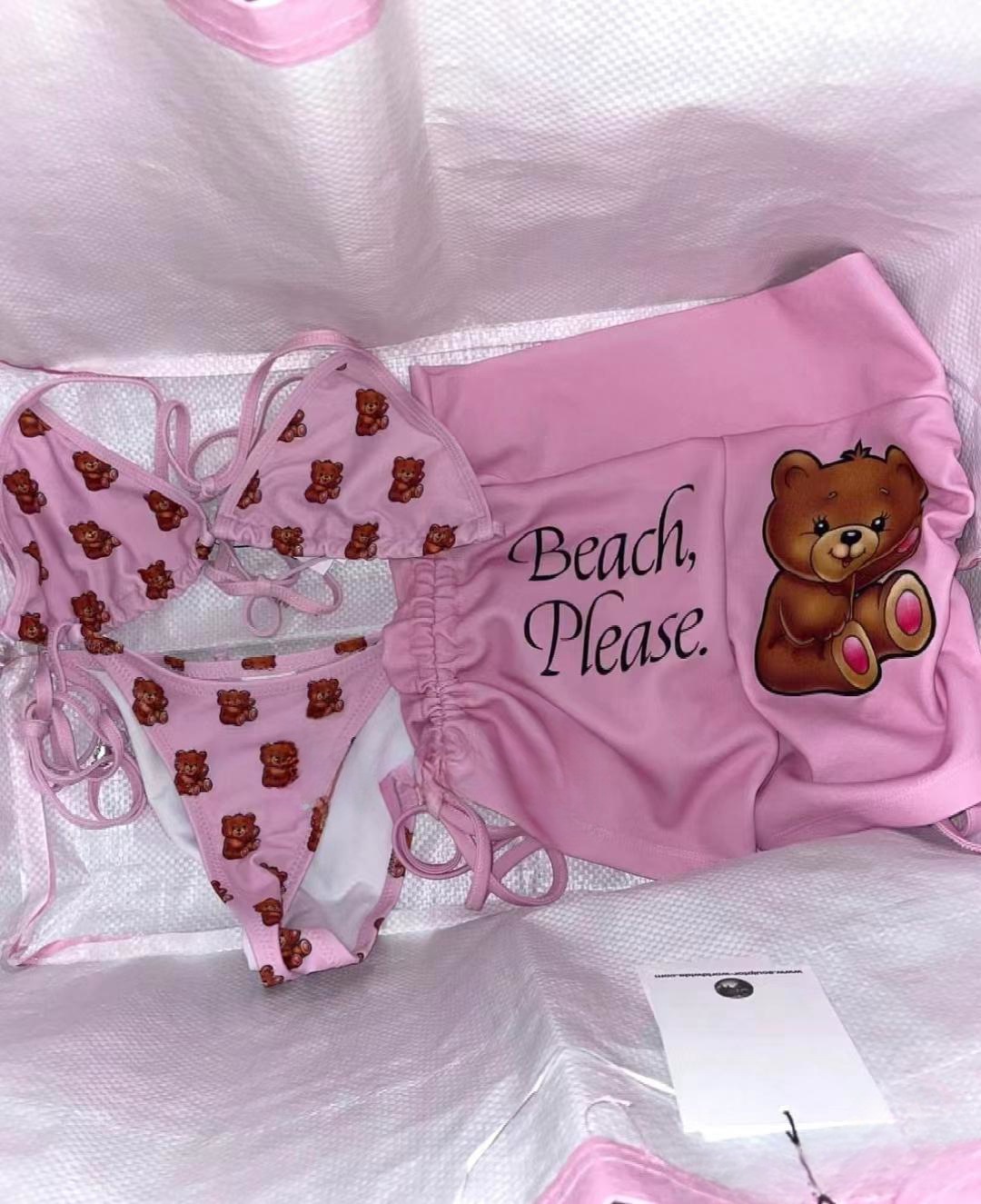 Split Three-point Bear Bikini Printed Swimsuit