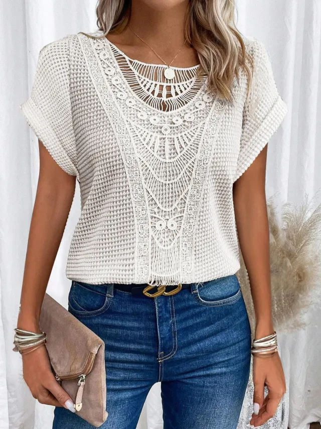 Summer Hollow Out Short sleeved T shirt Fashion Ethnic Style Tops Women's Clothing Beige - Shop at LoveMi