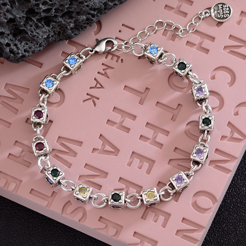 Sweet Cool Style Rainbow Square Zirconium Dice Bracelet Ins Niche