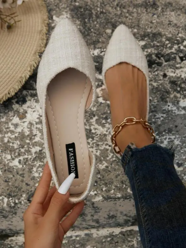 Women's Solid Color Pointed Toe Flat Shoes Fashionable Slip Cream - Shop at LoveMi