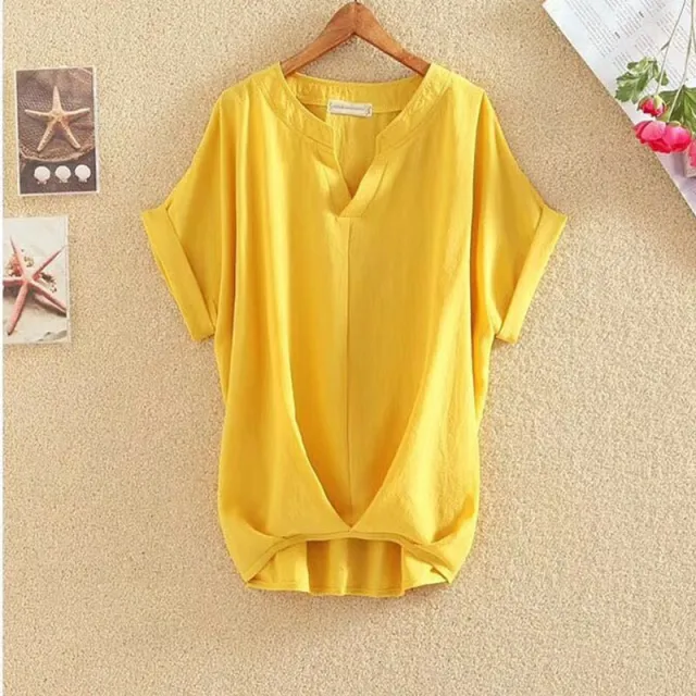 Solid Color And V neck Batwing Sleeve Top Loose Slimming Cotton And Linen Shirt Yellow - Shop at LoveMi