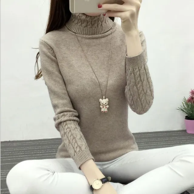 Turtleneck Cable knit Pullover Thickened Slim Fit Slimming Sweater Khaki - Shop at LoveMi