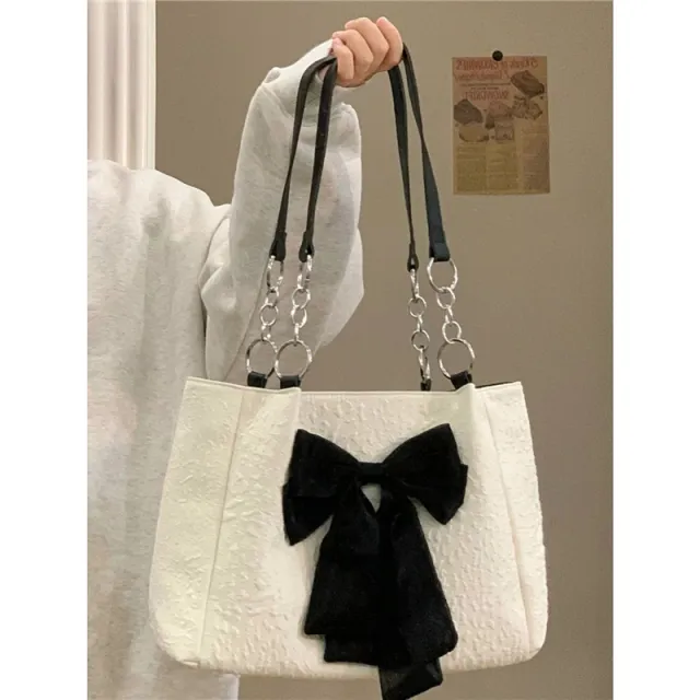 Bow Tote Large Capacity Canvas Shoulder Bag White - Shop at LoveMi